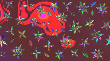 Raster illüstrasyonu. Kahverengi ve kırmızı renkte çiçekler. Asya tekstil tarzında. Çiçek desenli çizim. Raster illüstrasyonu.