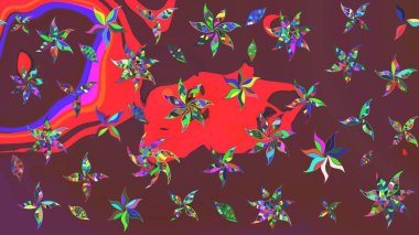 Düz Çiçek Elementleri Tasarımı. Sevimli çiçek raster deseni. Renkli Bahar Teması eskiz kalıbı. Kahverengi ve kırmızı renkte çiçekler.