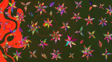 Raster illüstrasyonundaki çiçek desenli çizim. Düz Çiçek Elementleri Tasarımı. Renkli Bahar Teması eskiz kalıbı. Süslü kumaş deseni.