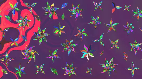 Raster illüstrasyonundaki çiçek desenli çizim. Mor ve mor renkli çiçekler. Düz Çiçek Elementleri Tasarımı. Renkli Bahar Teması çizim şablonu.