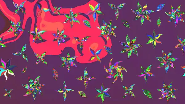 Raster illüstrasyonu. Çiçek buketleriyle klasik bir eskiz şekli. Mor ve pembe renklerde.