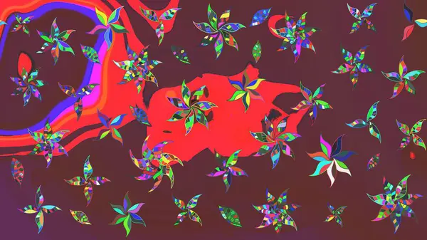 Düz Çiçek Elementleri Tasarımı. Sevimli çiçek raster deseni. Renkli Bahar Teması eskiz kalıbı. Kahverengi ve kırmızı renkte çiçekler.