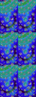 Elle boyanmış suluboya resim çizimleri, çiçekler ve bitkiler. Mavi ve yeşil renkte çiçekler.