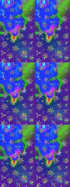 Kumaş, tekstil, duvar kağıdı baskısı için. Eskiz geçmişi. Renkli desenli eskiz deseni, mavi ve mor çiçekler ve dekoratif elementler. Raster illüstrasyonu. Antika retro tarzı.