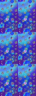 Çiçekli karalama şeklinde Raster çiçek deseni. Mavi ve mor renkli çiçekler. Nazik, sevimli çiçek arkaplanı..