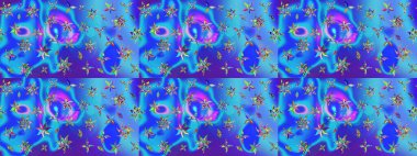 Renkli grunge, soyut arkaplanı kolomavi ve mor çiçeklerle süslüyor. Nakış desenli çiçek deseni. İzler, kumaş, duvar kağıtları, tekstil için raster dokusu.