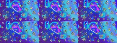 Mavi ve mor renkli Asya tekstili. Çiçek desenli çizim. Raster illüstrasyonu.