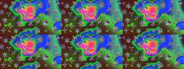 Yeşil ve mavi renkler. Yaz çiçekleri teması. Klasik çiçekler. El çizimi, soyut ve süslü elementler. Suluboya resim taklit Raster illüstrasyonu.