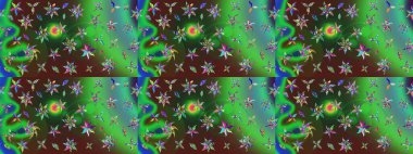 Çiçekli karalama şeklinde Raster çiçek deseni. Yeşil ve mavi renkte çiçekler. Yumuşak, yaz çiçekli arka plan.