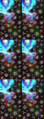 Moda baskıları için zarif bir şablon. Modern çiçek arkaplanı. Parlak renkli çiçekleri ve gri ve mavi renkli yaprakları olan harika bir çiçek deseni. Halk stili.