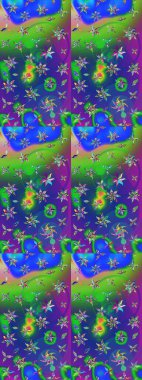 Raster suluboya çiçek deseni, narin çiçekler, mavi ve yeşil çiçekler, tebrik kartı şablonu. Raster Güzel kumaş deseni.