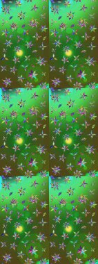 Raster illüstrasyonu. Yeşil ve mavi renkte çiçekler. Renkli Bahar Teması eskiz kalıbı. Düz Çiçek Elementleri Tasarımı. Çiçekli çiçek deseni, suluboya..