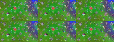 Moda baskıları için zarif bir şablon. Halk tarzı. Modern çiçek arkaplanı. Parlak renkli çiçekleri ve yeşil ve mavi renkte yaprakları olan muhteşem bir çiçek deseni..