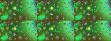 Yeşil ve mavi renklerde. 3D çiçekler, eskiz. Raster illüstrasyonu.