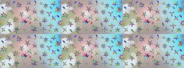 Şirin çiçekli eskiz deseni ve gri ve nötr renklerde yapraklar, suluboya çiçek deseni, duvar kağıdı, kart veya kumaş için fayanslı. Raster illüstrasyonu.