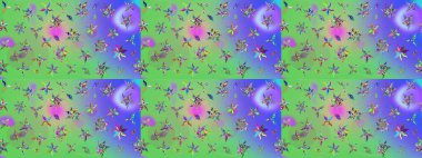 Suluboya çiçekli çiçek deseni. Raster illüstrasyonu. Yeşil ve mor renkli güzel tekstil.