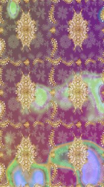 Süslü dekorasyon. Mor renklerde altın desenler ve altın elementler. Raster klasik barok çiçek deseni altın rengi. Lüks, kraliyet ve Viktorya dönemi konsepti.