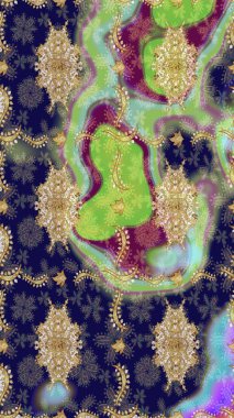 Klasik çiçek dokusu. Kraliyet retro 'su mavi renkte. Kart, duvar kağıdı, ambalaj ve tekstil için klasik tasarım. Raster illüstrasyonu. Eskiz kalıbı altın elementler. Altın şablon.