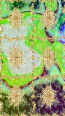 Barok tarzında eskiz oryantal süsü. Yeşil renkte altın elementler. Geleneksel klasik Raster altın çizim kalıbı.