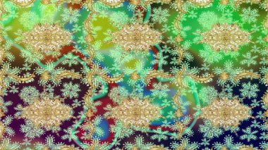 Noel, kar tanesi, yeni yıl 2019. Yeşil renklerde altın elementli eskiz kalıbı.