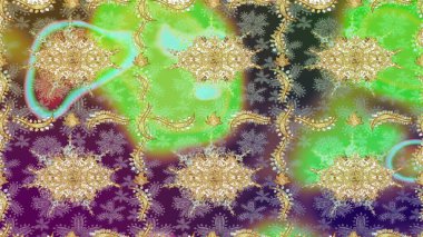 Noel, kar tanesi, yeni yıl 2019. Yeşil renklerde altın elementli eskiz kalıbı.