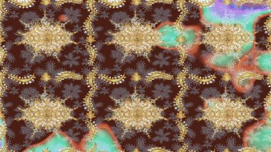 Raster Golden eskiz kalıbı. Arkaplan, kumaş, altın duvar kağıdı. Düz elle çizilmiş klasik koleksiyon. Mor renklerde altın desenli altın elementler.