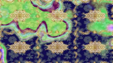 Tekrarlayan elementlerle soyut arkaplan oluşturun. Raster illüstrasyonu. Altın elementli mavi renklerde altın eskiz deseni. Sketch damask klasik altın desen.