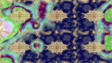 Klasik Raster altın desenini çiz. Geleneksel oryantasyon süsü. Mavi renkler ve altın elementler üzerine çizim. Klasik klasik klasik arka plan. Raster illüstrasyonu.