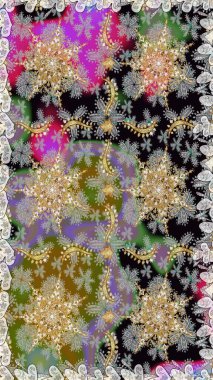 Klasik barok çiçek desenli, gri yerine altın desenli. Lüks, kraliyet ve Viktorya dönemi konsepti. Süslü raster dekorasyonu. Gri renklerdeki altın element.