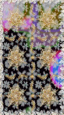 Kına dövmeli süs çiçekleri, altın çıkartmalar, mehndi ve yoga tasarımı, kartlar ve parmak izleri. Raster Golden Mehndi kusursuz desen. Gri renklerde desen.