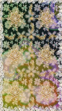 Süslü dekorasyon. Damask altın soyut çiçek nötr renklerde pürüzsüz desen. Raster illüstrasyonu.