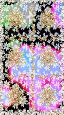 Raster soyut çiçek çelengi altın karalama fantezi yaprakları ve tarafsız renklerde çiçek. El yapımı dekoratif çerçeve, albüm kapağı, tebrik kartı, klasik Art deco tarzı.