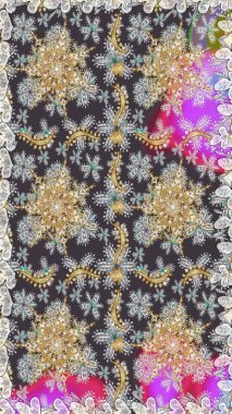 Çiçekli süslemeli, pürüzsüz bir desen. Duvar kâğıdı için altın süslü bir illüstrasyon. Gri renkli geleneksel Arapça dekor. Süslü dantel iz sürücü. Doğu tarzında vintage tasarım ögesi.