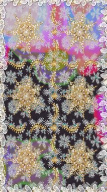 Raster altın tekstil baskısı. Çiçek kiremitleri. Kusursuz desenli oryantal süs. İslam tasarımı. Altın elementlerle gri renklerde altın desen.