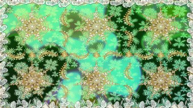 Geleneksel klasik altın desen. Altın elementlerle yeşil renklerde altın desen. Raster oryantal süs. Barok tarzında kusursuz bir doğulu süsü..