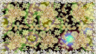 Tarafsız renkler üzerinde klasik oryantal desen. Geleneksel raster ve altın desen. Damask pürüzsüz süsü.