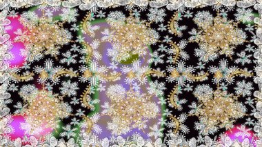 Kusursuz desenli oryantal süs. İslam tasarımı. Raster altın tekstil baskısı. Altın elementlerle nötr renklerde altın desen. Çiçek karoları.