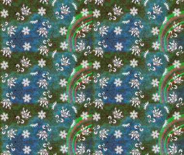 Yeşil ve mavi renkli etnik çiçekli zarif eskiz deseni. Asya Tekstil 'inde Raster Çiçek İllüstrasyonu.