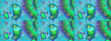 Raster illüstrasyonu. Mavi ve yeşil renklere karalamalar çizilmiş çiçek deseni.