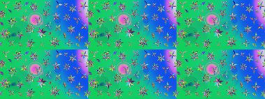 Raster - stok. Yapraklı çiçekler ve yeşil ve mavi renkli papatya çiçekleri. Taslak arkaplan deseni.