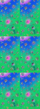 Çiçekli ipek eşarp. Retro tekstil tasarım koleksiyonu. 1950-1960 motifleri. El çizimi çiçek unsurları olan soyut çizim raster deseni. Yeşil ve mavi, yeşil ve mavi.