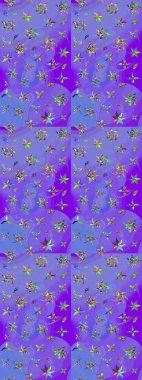 Renkli desenli eskiz deseni, mor ve mavi çiçekler ve dekoratif elementler. Eskiz geçmişi. Raster illüstrasyonu. Kumaş, tekstil, duvar kağıdı baskısı için. Antika retro tarzı.