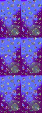 Eskiz klasiği. Raster Şirin kumaş deseni. Renkli Bahar Teması eskiz kalıbı. Düz Çiçek Elementleri Tasarımı.