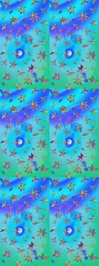 Yumuşak, bahar çiçekleri mavi ve yeşil renklerde. Raster illüstrasyonu. Çiçek ve yapraklı karalama şeklinde Raster çiçek deseni.