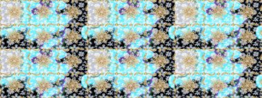 Duvar kâğıdı için altın süslü bir illüstrasyon. Çiçekli süslemeli, pürüzsüz bir desen. Süslü dantel iz sürücü. Doğu tarzında klasik tasarım öğesi. Mavi renkler üzerine geleneksel Arapça dekor.