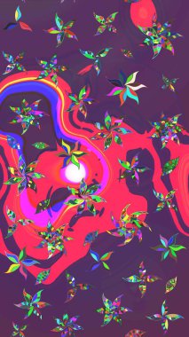 Mor ve pembe renkte çiçekler. Asya tekstil tarzında. Raster illüstrasyonu. Raster illüstrasyonu. Çiçek desenini çiz.