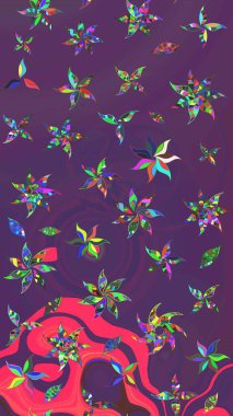 Raster illüstrasyonundaki çiçek desenli çizim. Mor ve mor renkli çiçekler. Düz Çiçek Elementleri Tasarımı. Renkli Bahar Teması çizim şablonu.