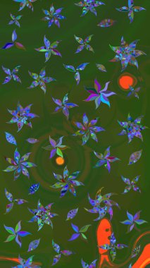 Raster düz çiçek çizim deseni. Hediye ambalaj kağıdı, tebrik kartları, posterler ve pankart tasarımı. Yeşil ve mavi renkte çiçekler.