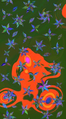 Raster düz çiçek çizim deseni. Hediye ambalaj kağıdı, tebrik kartları, posterler ve pankart tasarımı. Yeşil ve turuncu renkte çiçekler.