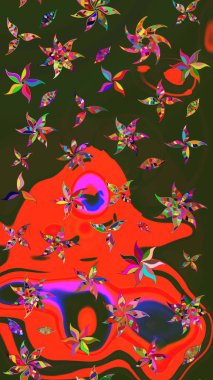 Yeşil ve gri renkte etnik çiçeklerle süslenmiş zarif bir eskiz. Asya Tekstil 'inde Raster Çiçek İllüstrasyonu.